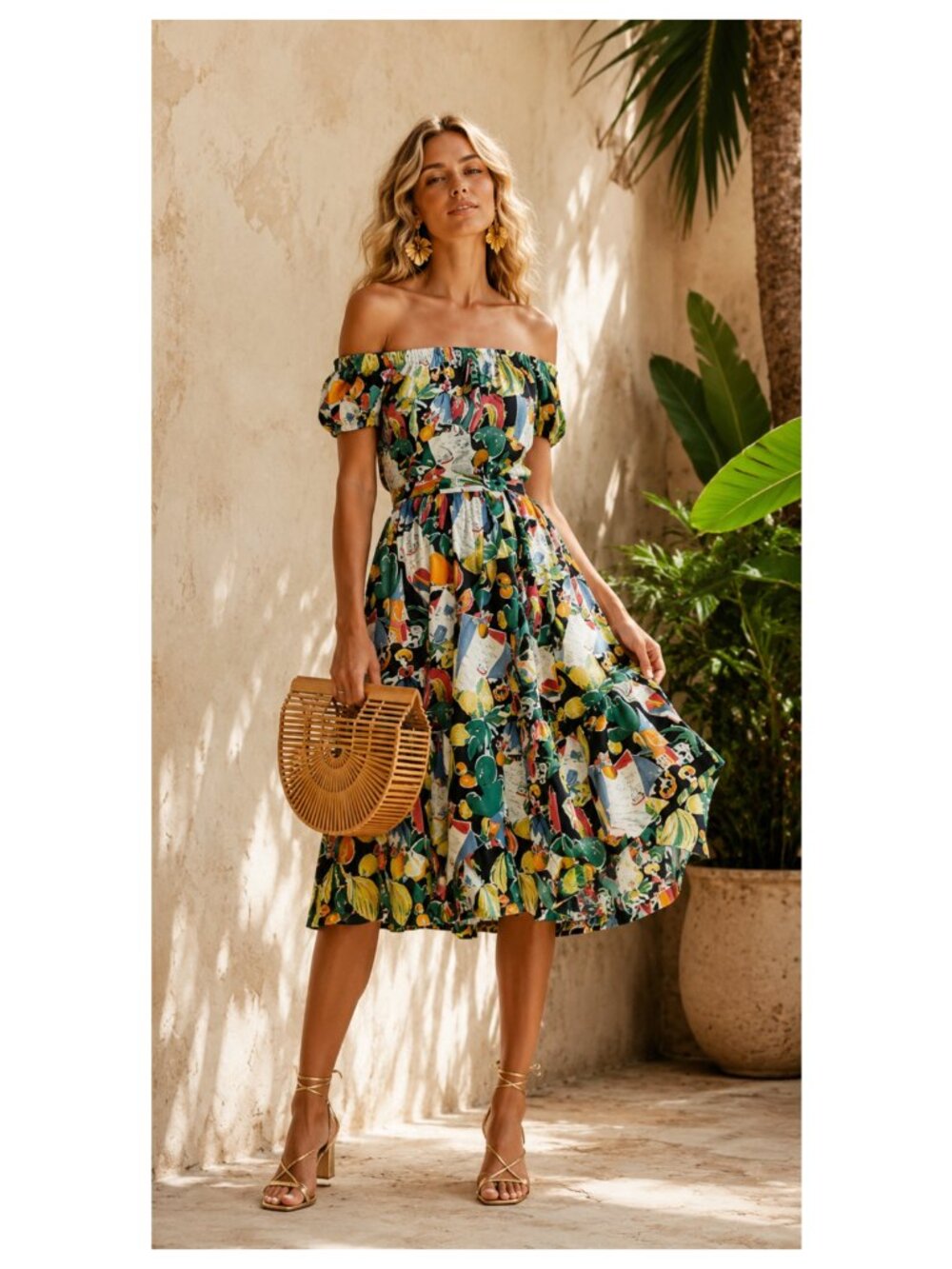 J Crew Off Shoulder Ruffle Hem Fruity Vintage Postcard Tropical Dress
